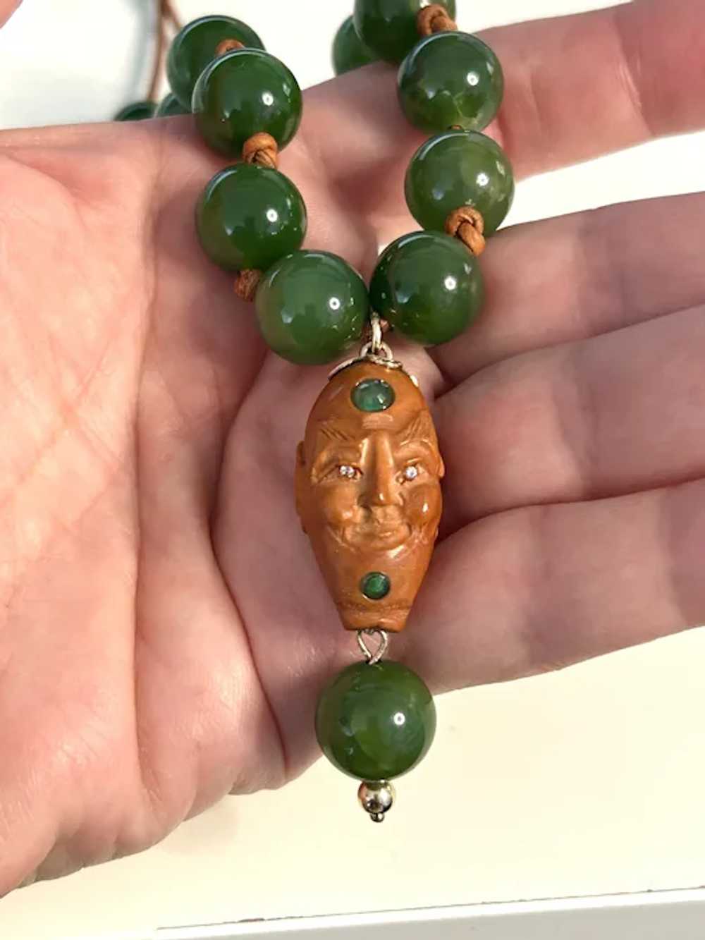 12mm Natural Jade, Emerald, Diamond Carved Buddha - image 4