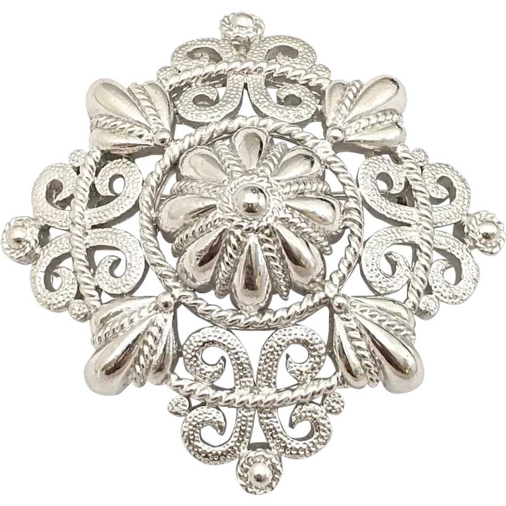 Crown Trifari Silver Tone Filigree Textured Brooch - image 1