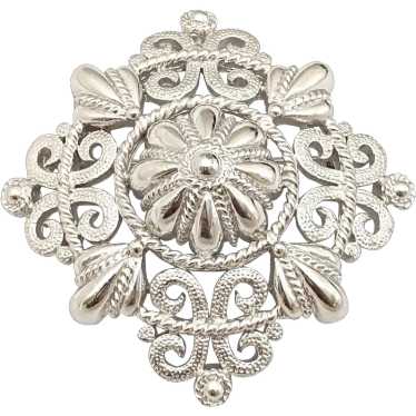 Crown Trifari Silver Tone Filigree Textured Brooch - image 1