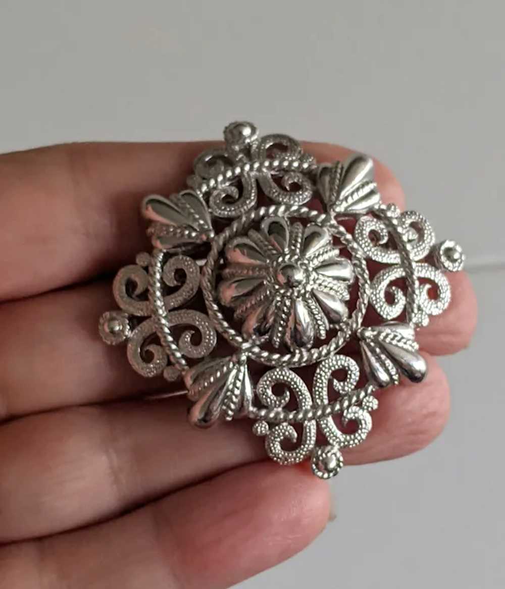 Crown Trifari Silver Tone Filigree Textured Brooch - image 3