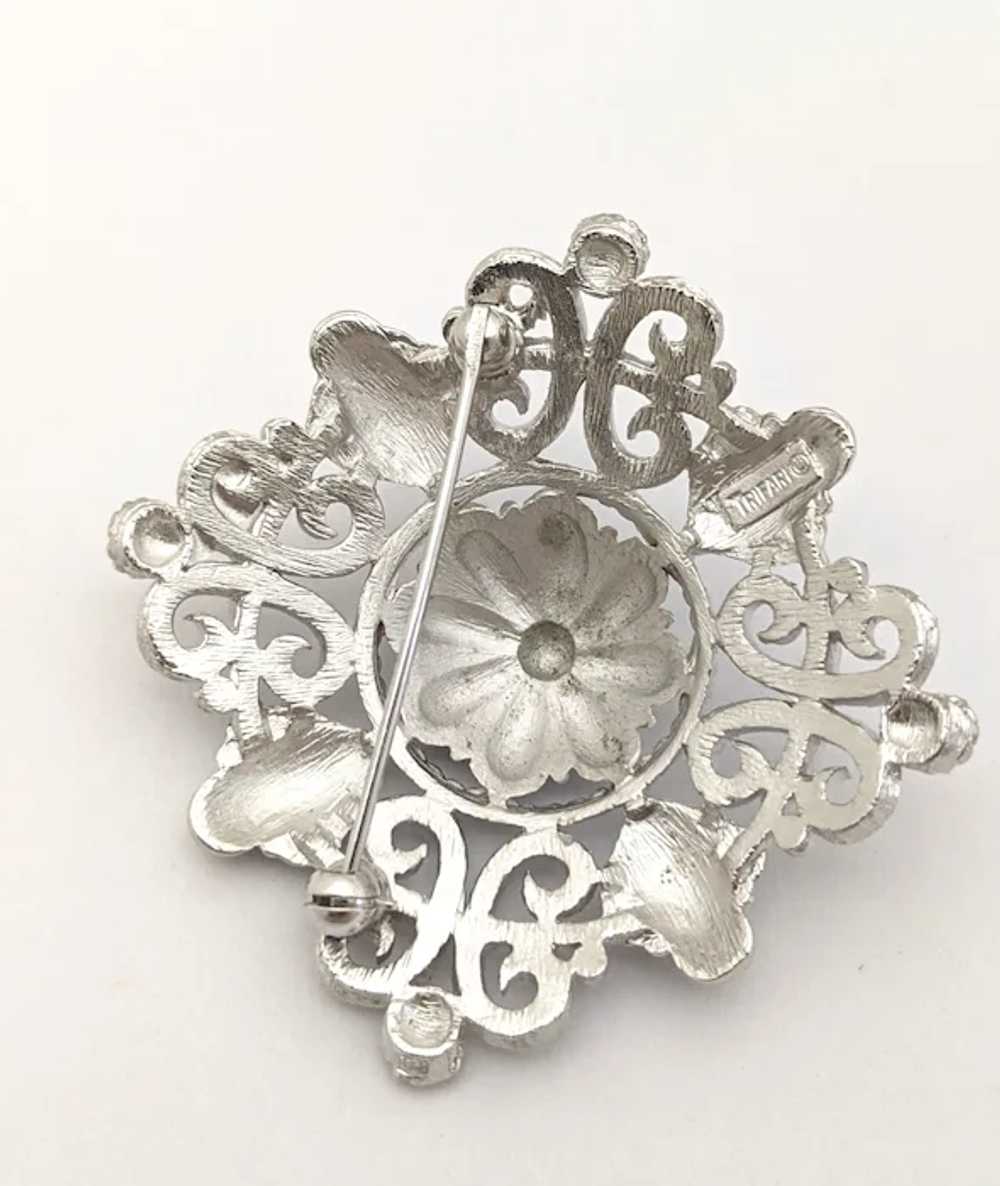 Crown Trifari Silver Tone Filigree Textured Brooch - image 4