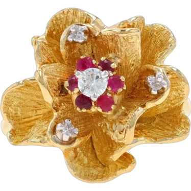 Yellow Gold Ruby Diamond Vintage Flower Cluster Ha