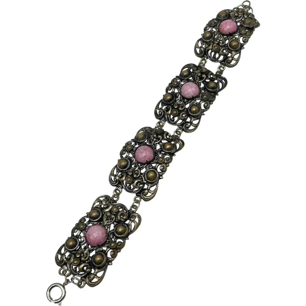 Vintage Filigree Bracelet Pink Glass Cabochons Pa… - image 1