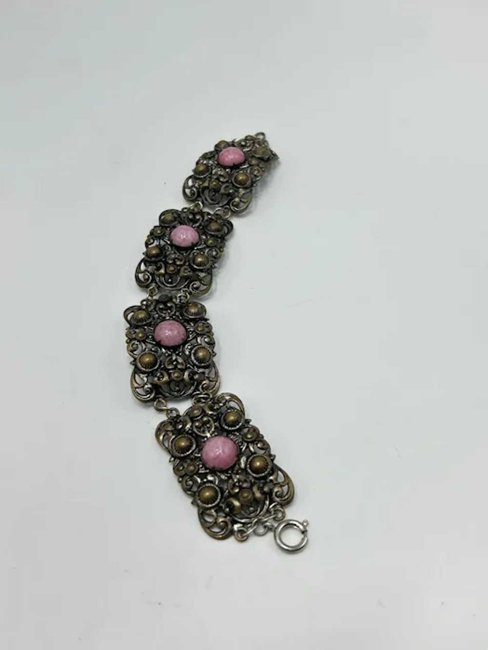Vintage Filigree Bracelet Pink Glass Cabochons Pa… - image 2