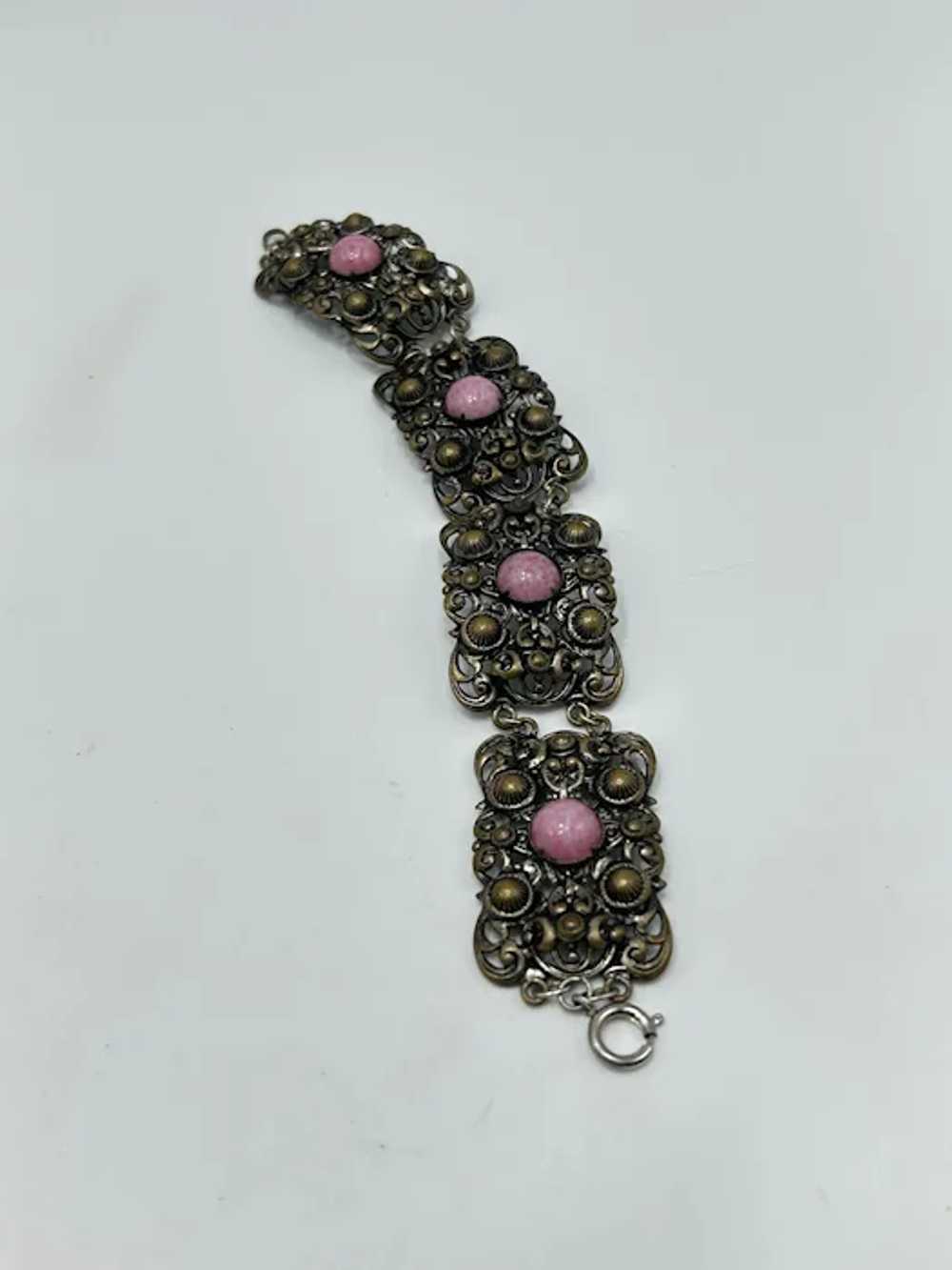 Vintage Filigree Bracelet Pink Glass Cabochons Pa… - image 3