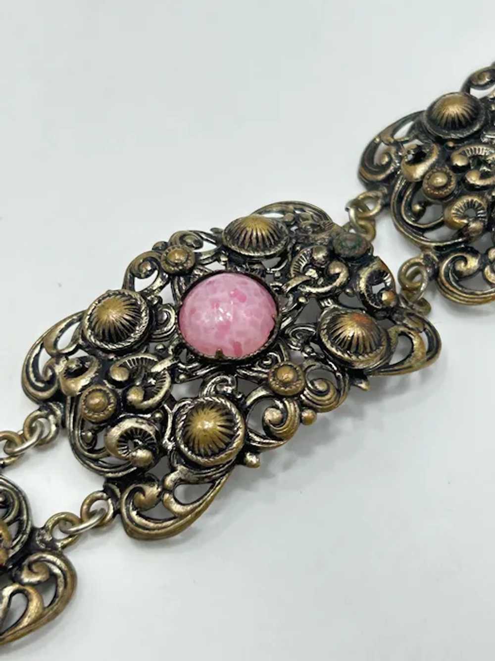 Vintage Filigree Bracelet Pink Glass Cabochons Pa… - image 4