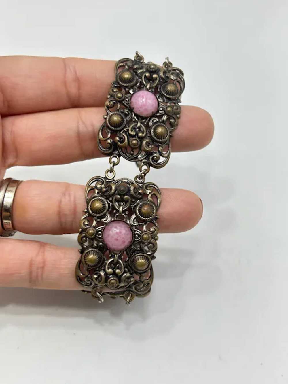 Vintage Filigree Bracelet Pink Glass Cabochons Pa… - image 5