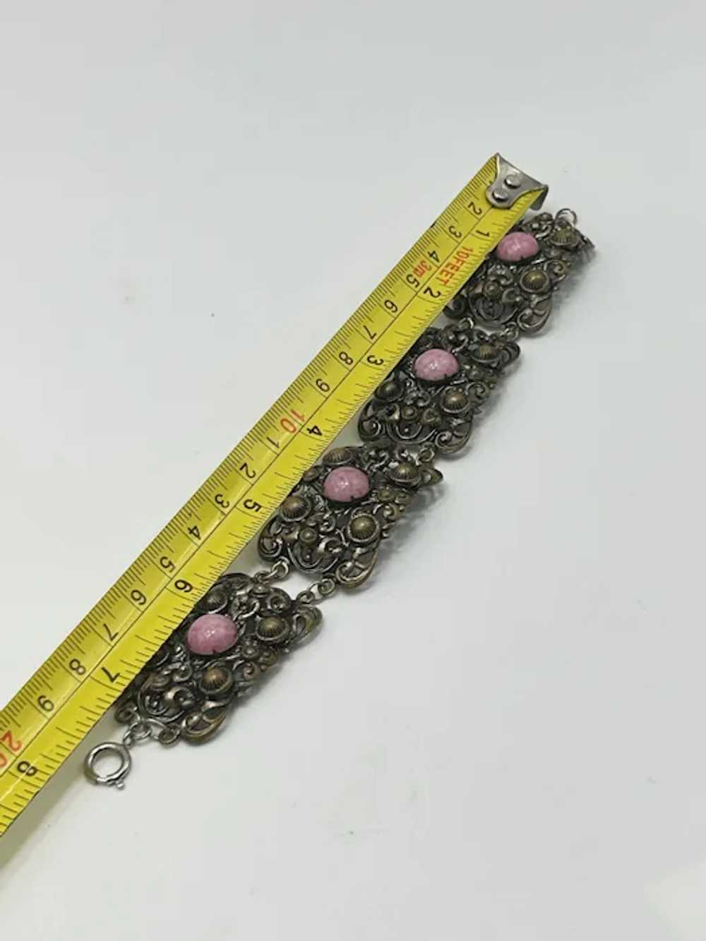 Vintage Filigree Bracelet Pink Glass Cabochons Pa… - image 7
