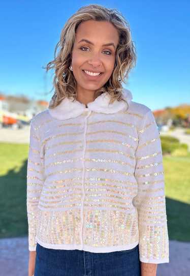 Sequined Cardigan with Faux Fur Trim - image 1