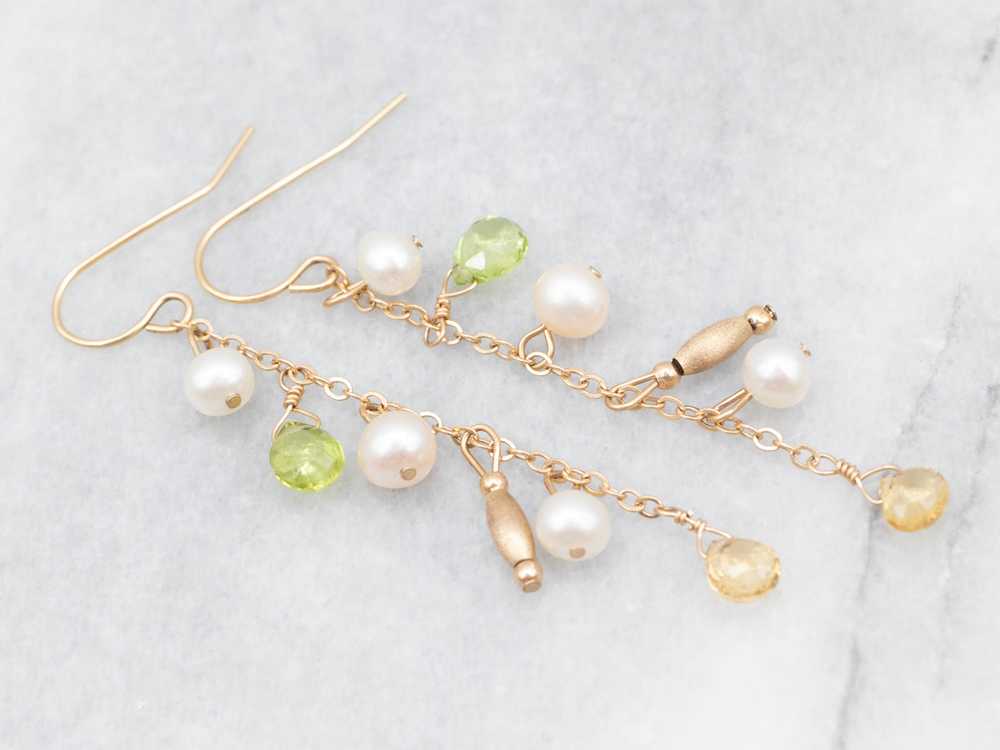 Yellow Gold Pearl, Peridot, and Citrine Drop Earr… - image 1