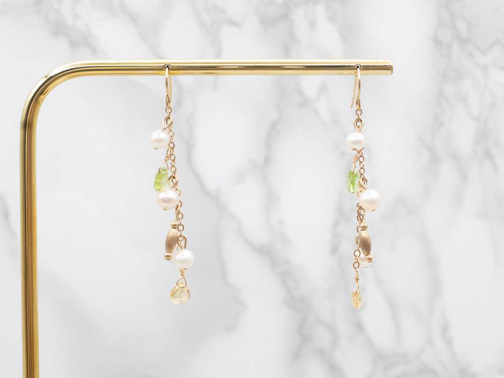 Yellow Gold Pearl, Peridot, and Citrine Drop Earr… - image 3