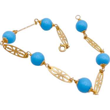 Turquoise Bead and Ornate Panel Bracelet 14K Gold