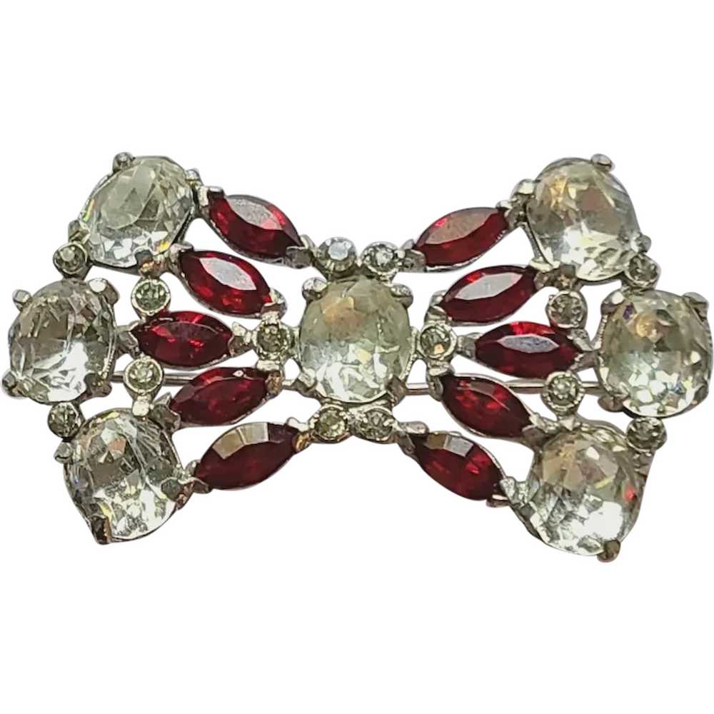 Vintage Art Deco BOW Ruby Red Clear Rhinestone Mo… - image 1