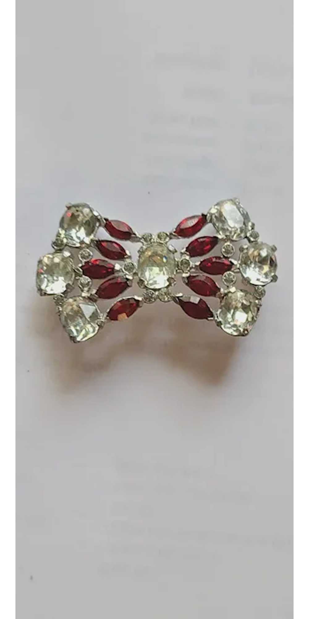 Vintage Art Deco BOW Ruby Red Clear Rhinestone Mo… - image 3