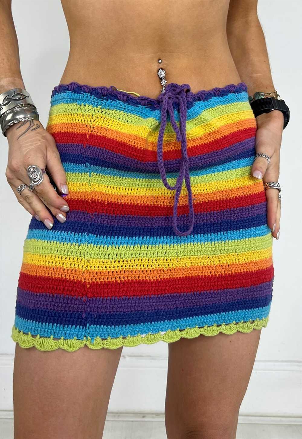 Vintage Y2k Skirt Crochet Rainbow Knitted Handmad… - image 1