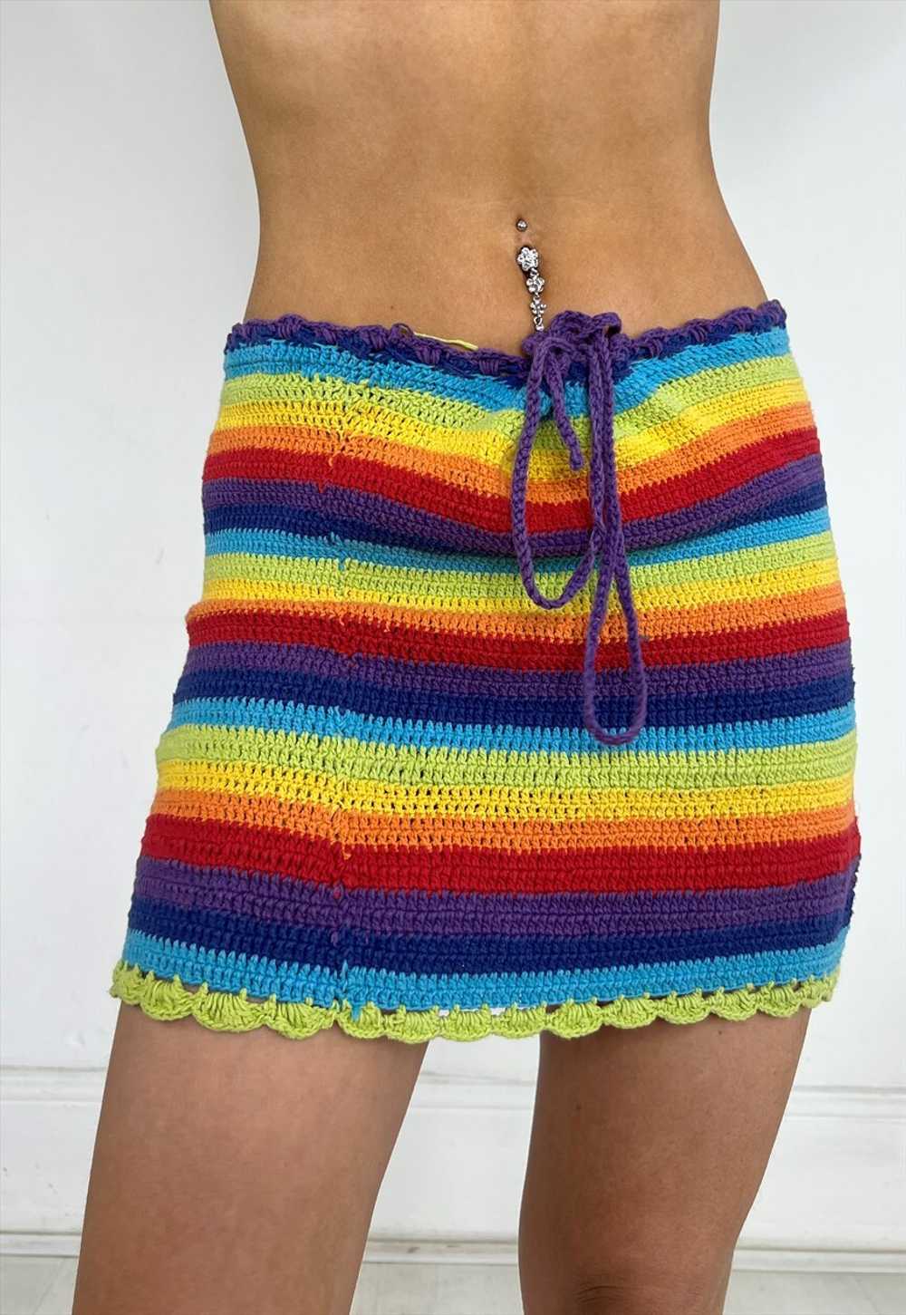 Vintage Y2k Skirt Crochet Rainbow Knitted Handmad… - image 2