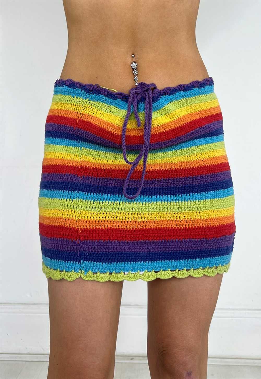 Vintage Y2k Skirt Crochet Rainbow Knitted Handmad… - image 3