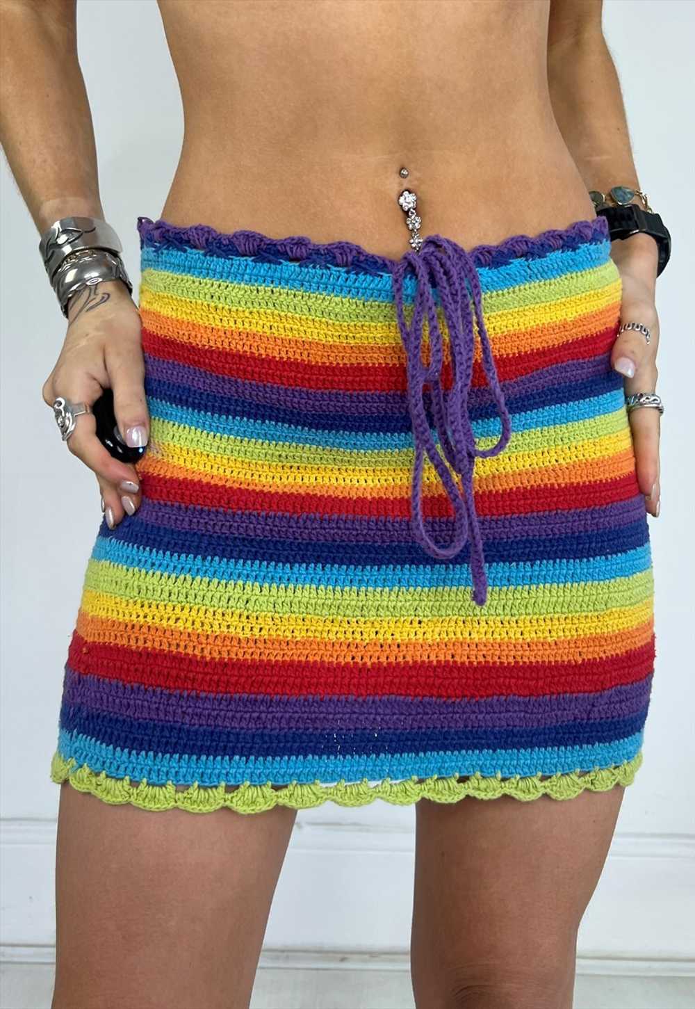 Vintage Y2k Skirt Crochet Rainbow Knitted Handmad… - image 4