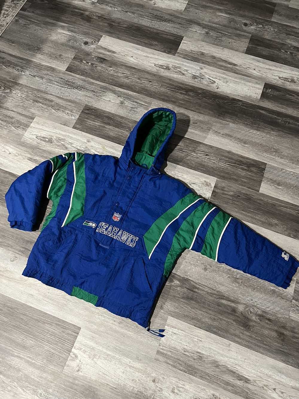 Men's Starter College Navy/Neon Green Seattle Seahawks Leader Varsity Satin Full-Snap Jacket Size: Medium