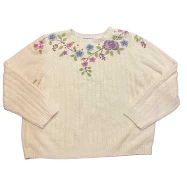 Vintage Size 1X Alfred Dunner Floral Beaded Beige Knit Pullover