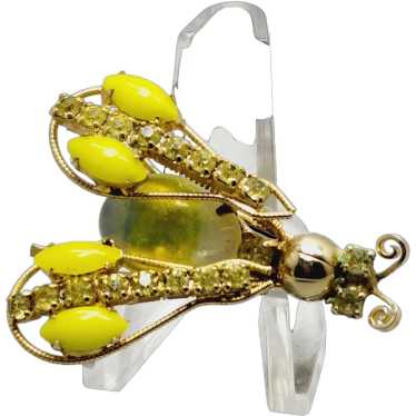 Large Gold Tone Rhinestone Glass Bug Brooch Fly Insect Beetle