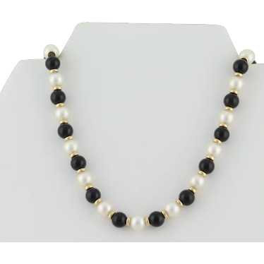 14k Yellow Gold Freshwater Pearl, Onyx, Gold Bead… - image 1