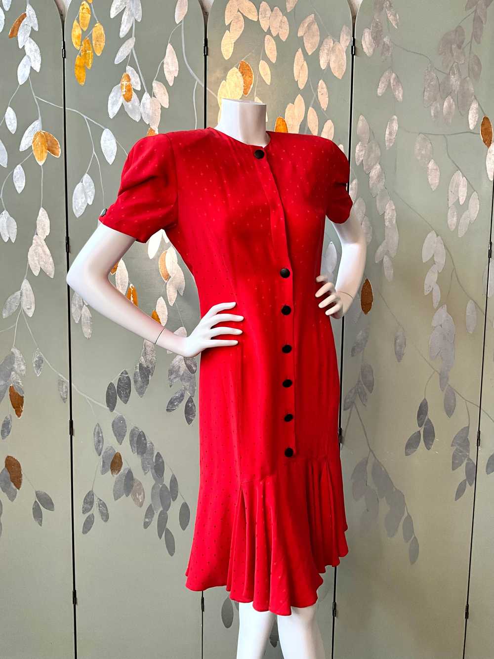 Vintage 1980s Red Louis Féraud Silk Tea Dress, M-L - image 1