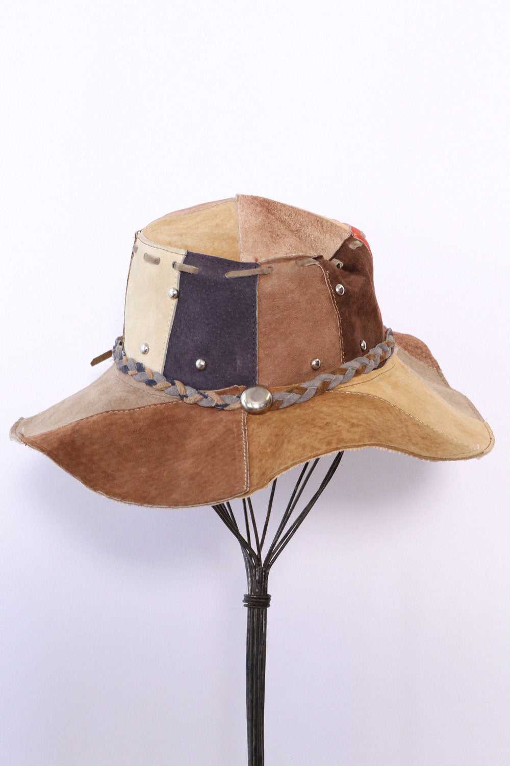 Patchwork Leather Braided Tassel Hat - image 7