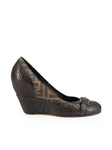 Fendi Brown Zucca Panel Buckled Accent Wedges - image 1