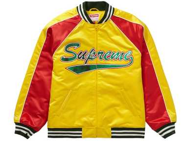 Supreme Supreme/Champion Satin Jacket ❤ liked on Polyvore featuring  outerwear, jackets, men, satin jackets, red satin ja…