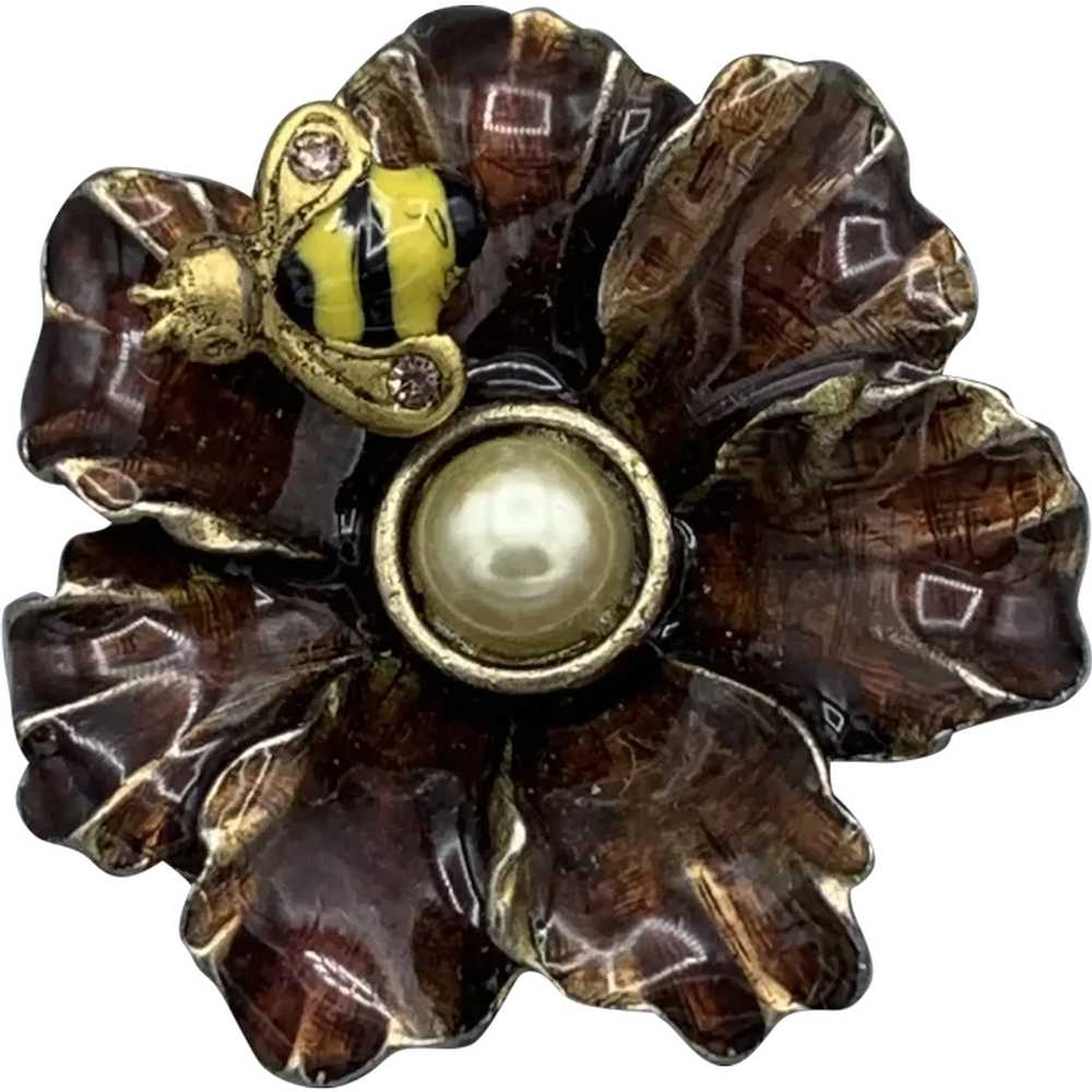 Vintage Lia Sophia Enameled Flower Brooch Pin wit… - image 1