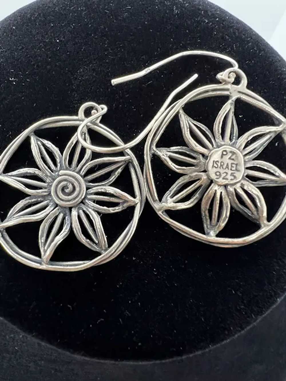 Vintage Sterling Silver Flower Sunflower Earrings… - image 2