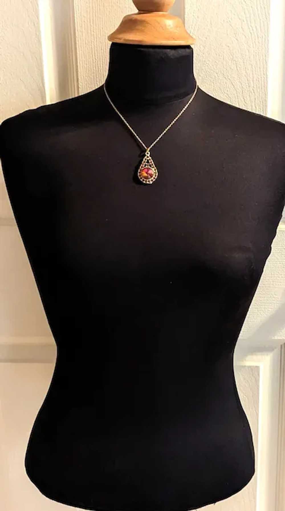 Glass Tourmaline Rhinestone Pendant Necklace - image 3