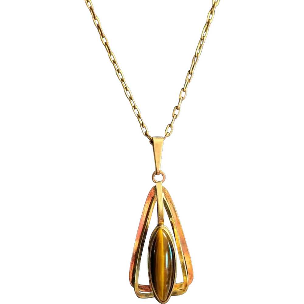 Mid Century Tiger's Eye Pendant Necklace - image 1