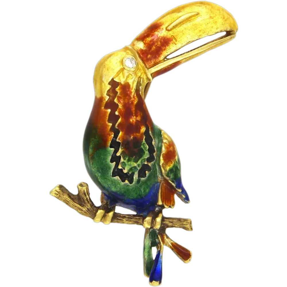 Vintage 1960's Yellow Gold Enamel Parrot Brooch W… - image 1