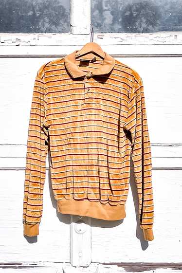 1970s-80s Camel Stripe Velour Polo Sweater / Mediu