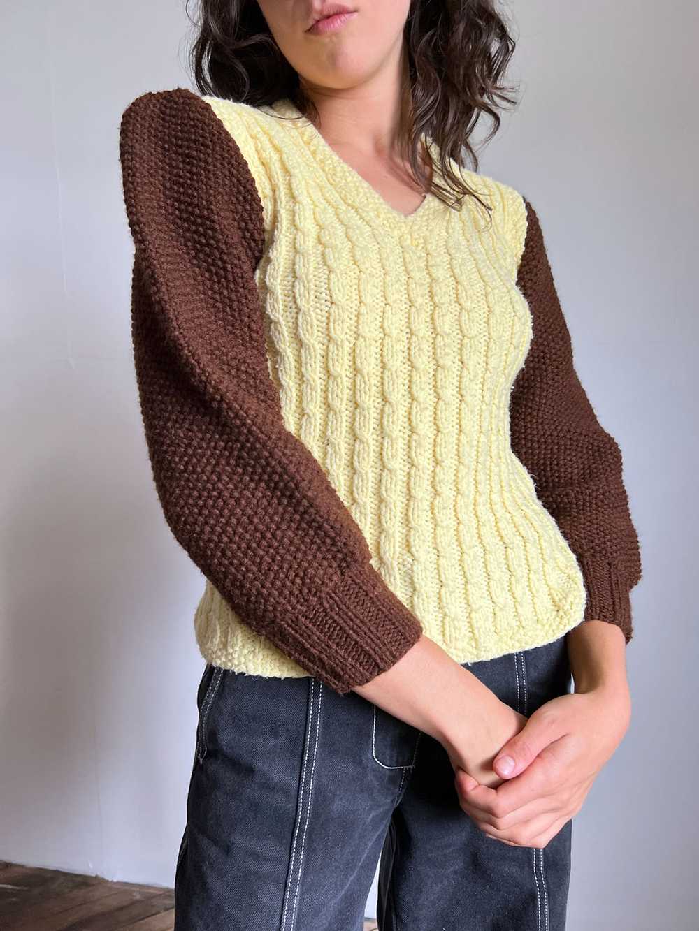 Vintage 1940's Hand Knit Color Block Brown and Ye… - image 3