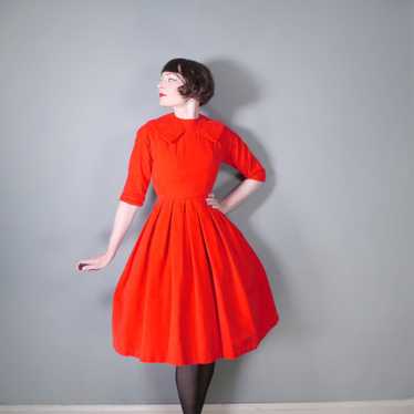 50s 60s BRIGHT RED CORDUROY CORD DRESS WITH FULL … - image 1