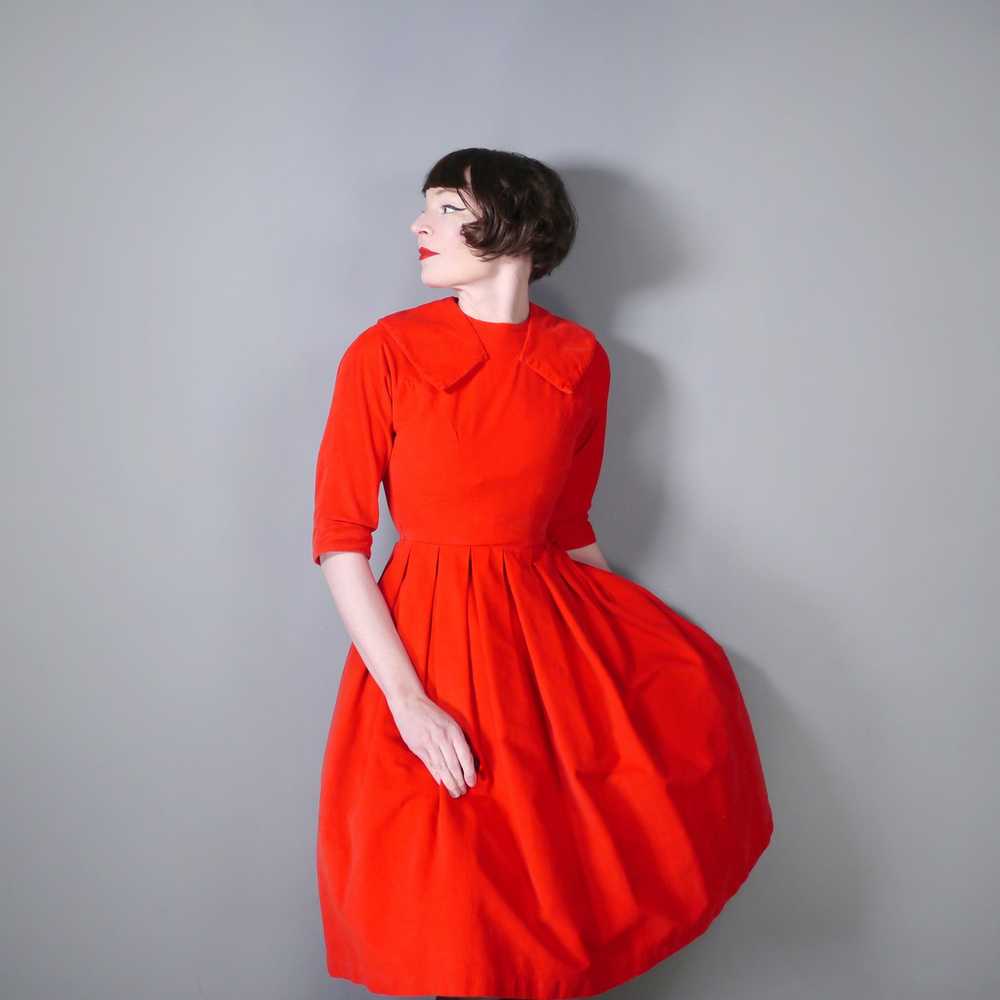 50s 60s BRIGHT RED CORDUROY CORD DRESS WITH FULL … - image 2