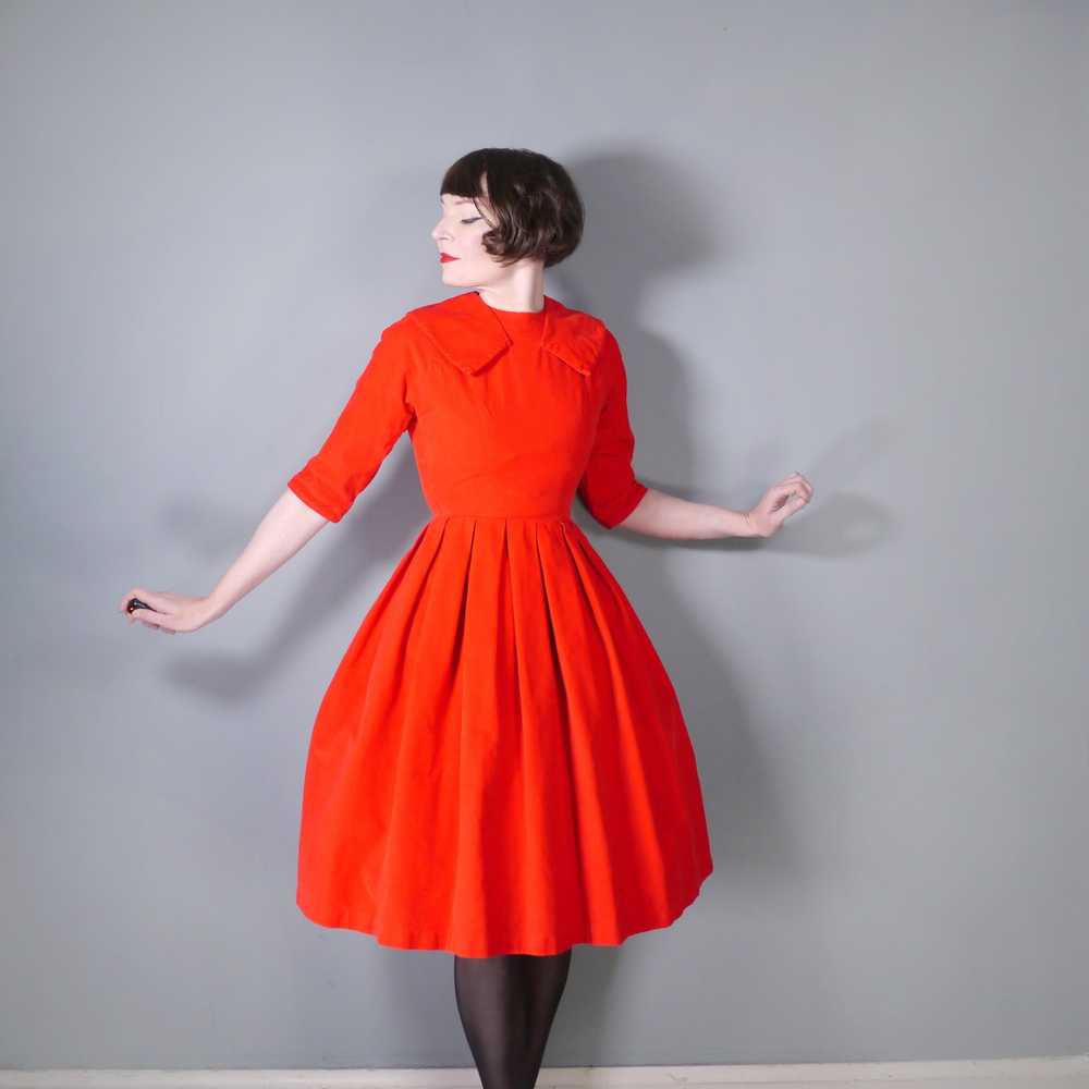 50s 60s BRIGHT RED CORDUROY CORD DRESS WITH FULL … - image 3