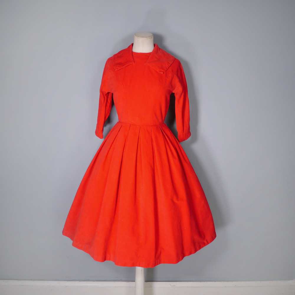 50s 60s BRIGHT RED CORDUROY CORD DRESS WITH FULL … - image 4