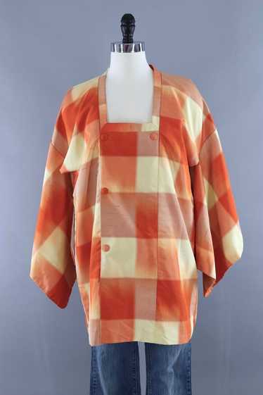 Vintage Orange Plaid Silk Kimono Coat