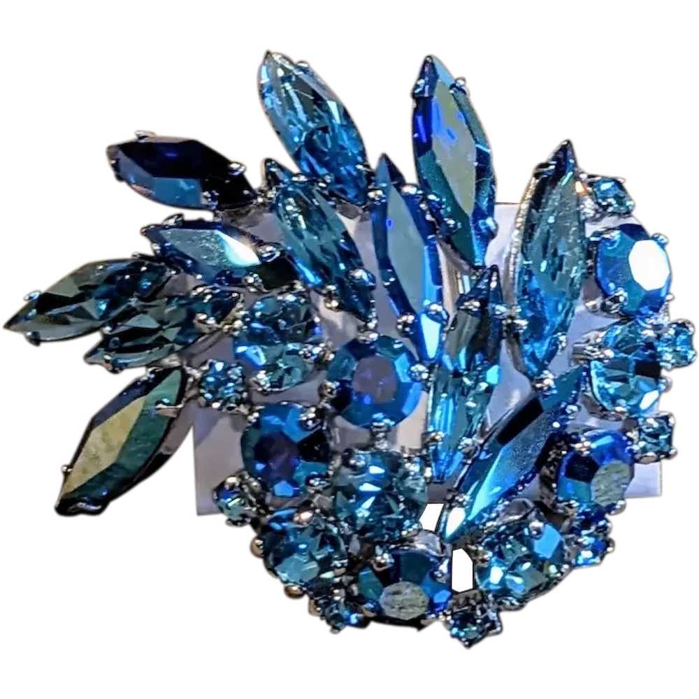 Signed Sherman Blue Swarovski Crystal Brooch 2" x… - image 1