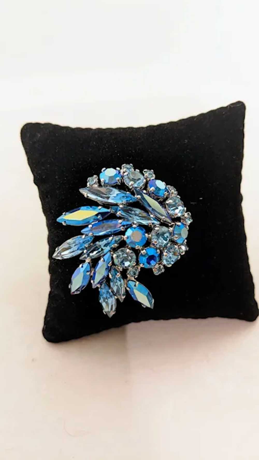 Signed Sherman Blue Swarovski Crystal Brooch 2" x… - image 2