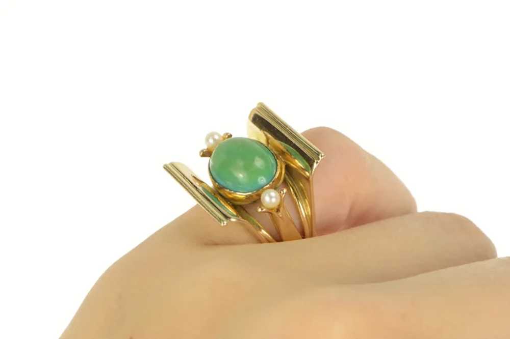 18K 1940's Turquoise Pearl Geometric Squared Ring… - image 6