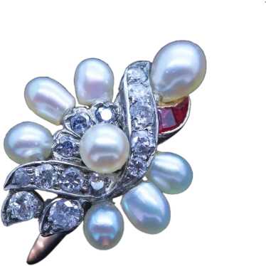 Vintage Art Deco Ring diamond ruby Natural pearls 
