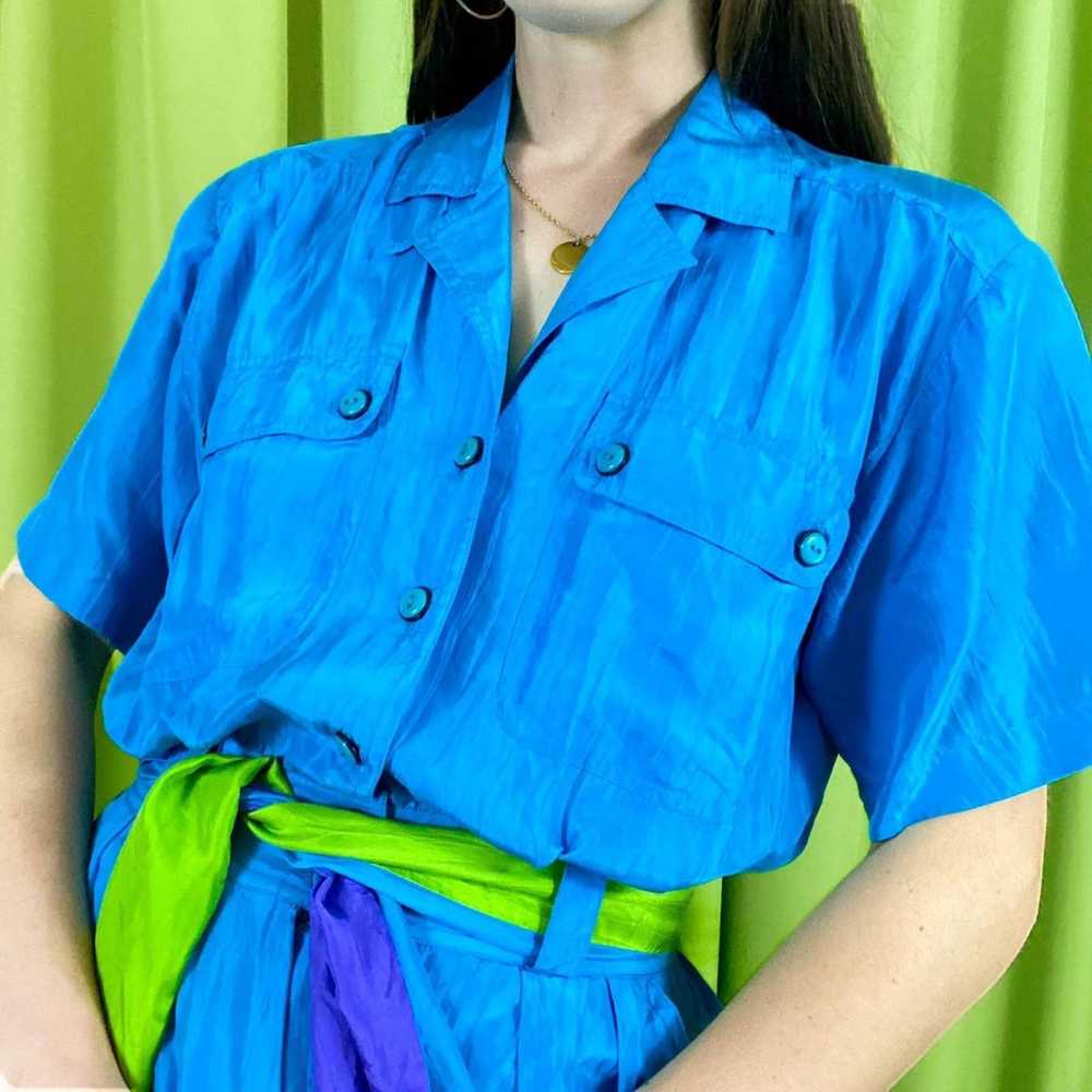 Vintage 80s Vintage Blue Short Sleeve 100% Silk C… - image 2