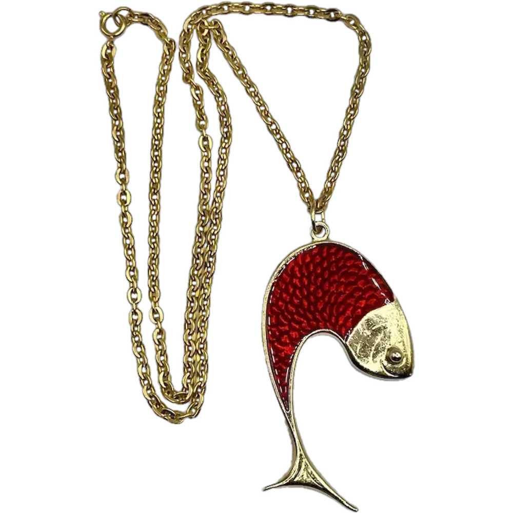 Goldtone Red Enamel Modernist Fish Design Austria… - image 1