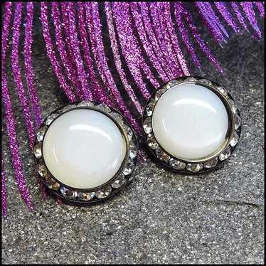 Ice White Moonstone Earrings Rhinestone Buttons 1… - image 1