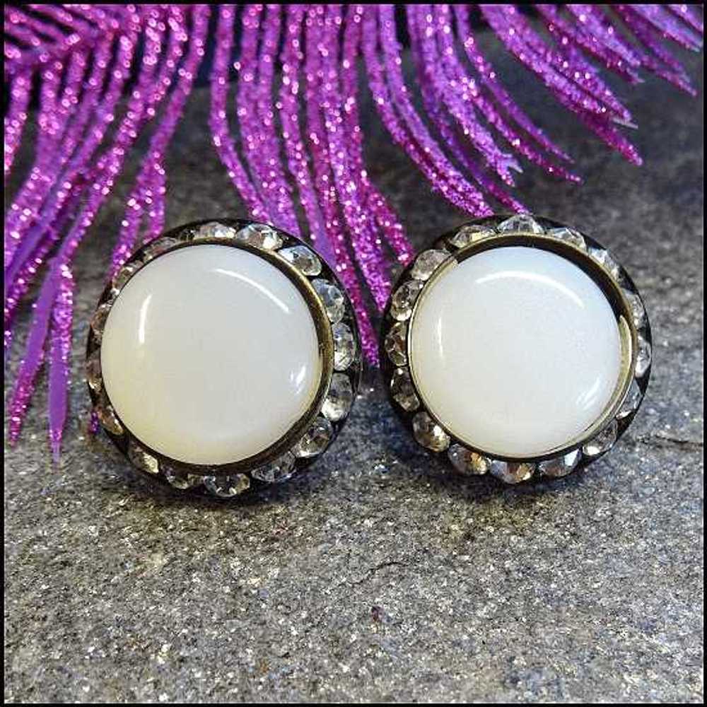 Ice White Moonstone Earrings Rhinestone Buttons 1… - image 2